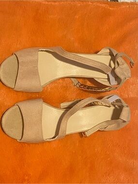Suede Ankle-Strap Block Heel Sandals in Beige